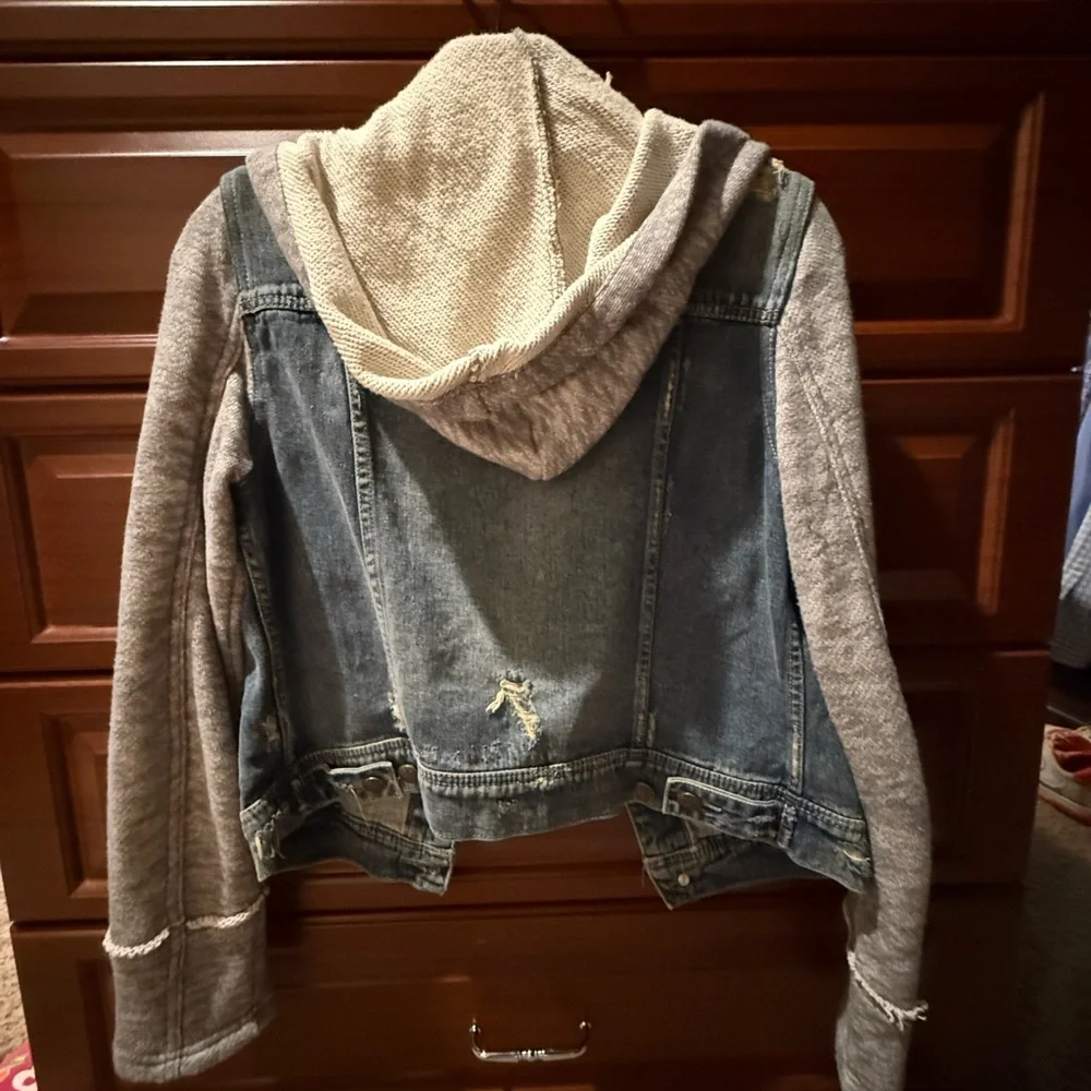 Free People Two-Tone Denim Jacket with Cream Knit Hood